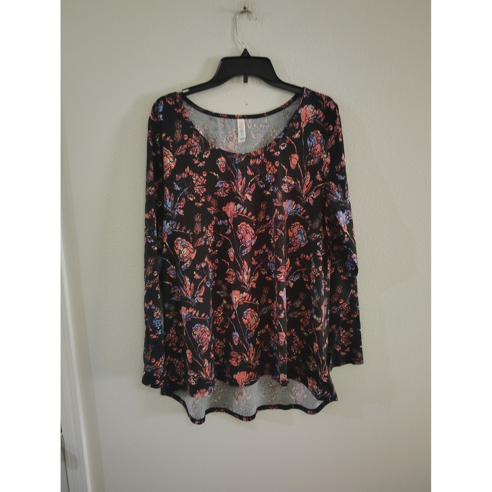 LuLaRoe Floral Long Sleeve Tunic Top Black‎ Coral Blue High Low Hem Womens 2XL